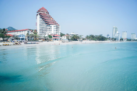 blue sea water with the hotel backdrop for touristの写真素材