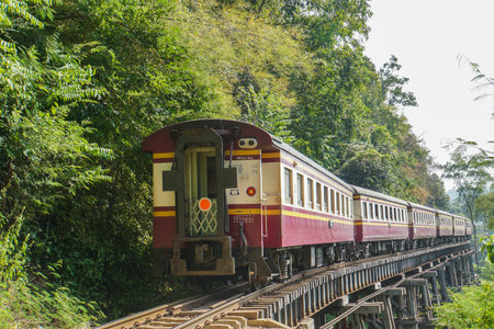 vintage diesel train on railway taken in Kanchanaburi, Thailand on 19 March 2018のeditorial素材
