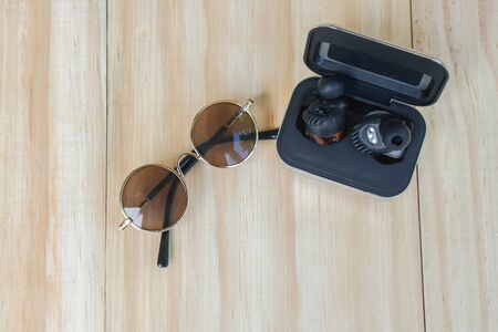 top view of round brown sunglasses with wireless speaker for music for summer outdoor activityの写真素材