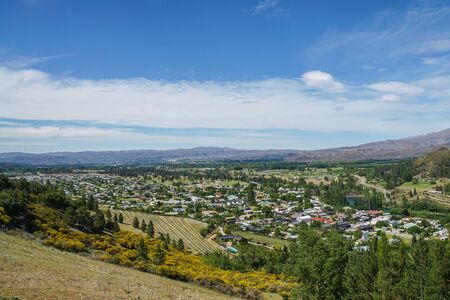 nature landscape on hill in bright blue sky spring time in New Zealandの写真素材