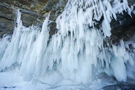 close up ice crystal cave in Baikal lake in winter
