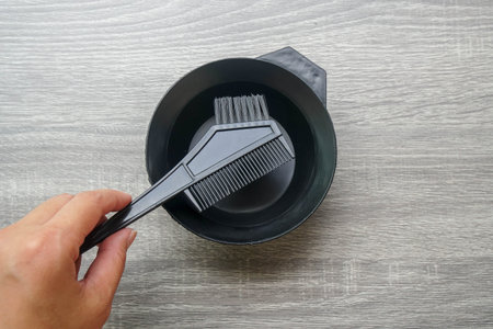 flat lay of hair dyeing tool kit for DIY at homeの写真素材