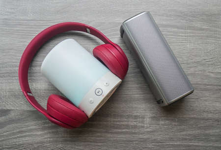 close up wireless headphone with bluetooth speaker lighting function for music connectionsの写真素材