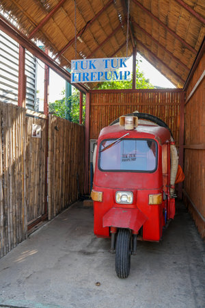 Hua Hin Thailand - November 15 2020: red traditional Tuk Tuk in hotel for guestsのeditorial素材