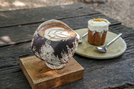 selective focus hot mocha in craft handmade cup with carrot cakeの写真素材