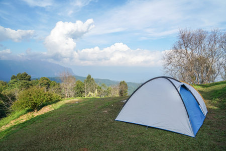 tourist tent on the hill top in forest in winter seasonの写真素材
