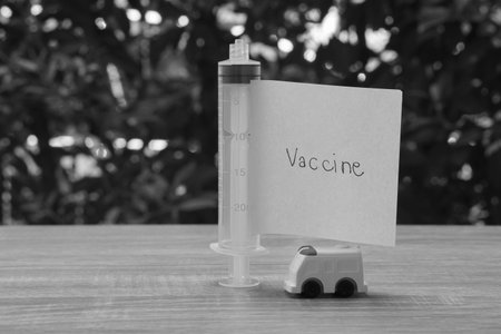 human health for  prevention concern concept -black and white vaccine word on stick note with ambulance vanの写真素材