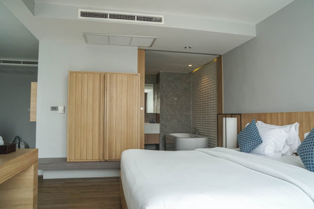 Huahin Thailand - February 14 2021: modern bedroom interiors in luxury hotel fit with double bed for honeymoonのeditorial素材
