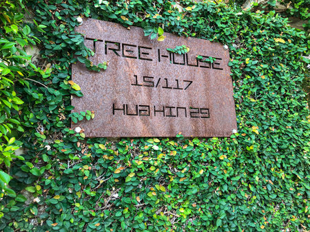 Hua Hin Thailand  May 26 2021 vintage signage for Tree house coffee shop with green leaves backgroundのeditorial素材