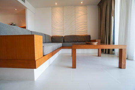 Hua Hin Thailand September 29 2021luxury living room with wooden coffee table in the hotel suite roomのeditorial素材