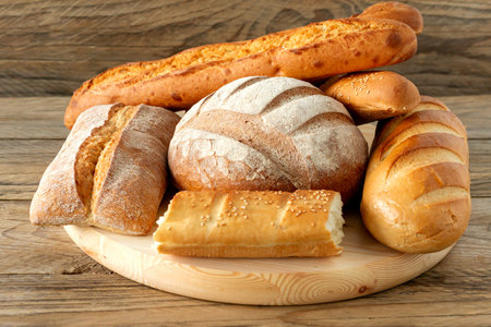 Types of homemade bread on the rustic wooden table. Homemade baked pastry