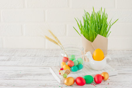 Easter background. Traditional food on the holiday table - Easter Cake and Easter painted eggs. Easter recipeの写真素材