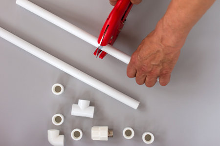 Plastic pipes for the water system on gray background. Repair service, sale, online. Flat lay. Copy spaceの写真素材