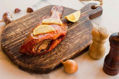 Delicious smoked fish ocean perch on wooden cutting board for healthy food, diet or cooking concept,...