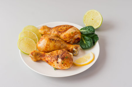 Grilled chicken drumsticks and vegetables on white table.