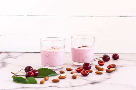 morning smoothie of ripe cherries with almonds. healthy food
