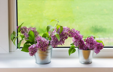 two decorative iron buckets with lovely spring purple lilac branches on the windowの写真素材