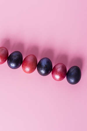 Mini composition of Easter holiday. multi-colored painted eggs hardly on a pink background. top viewの写真素材