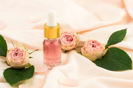 moisturizing fluid oil for the face with an extract of rose petals for facial skin care. the concept of natural self-careの写真素材
