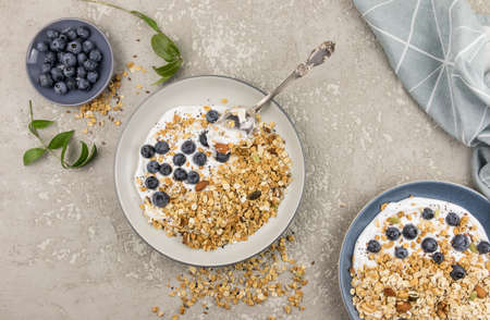 two plates of walnut granola or homemade muesli on a gray concrete background. ripe blueberries in a bowl for a well-cured meal. top viewの写真素材