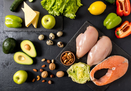 flat composition with useful products containing unsaturated fatty acids. omega 3, salmon steak,...