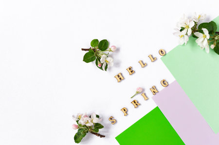 Hello spring-wooden letters on a white background with spring apple flowers and buds, multi-colored...