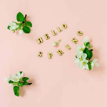 spring composition on a pink background of buds and flowers of apple trees with text of wooden letters - hello springの写真素材