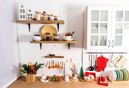 beautiful interior of a modern white kitchen with various kitchen utensils and decorations for Christmas and New Year. clean eco kitchenの写真素材