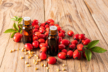 two glass medical bottles with a dropper with essential oil of rosehip seeds for medical use. spa treatments. relaxation. wooden backgroundの写真素材