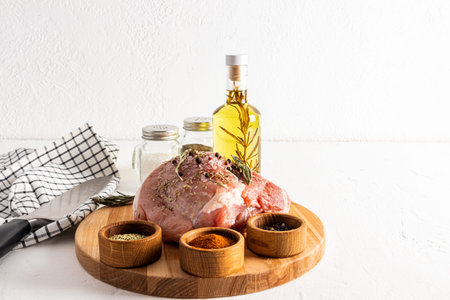 Front view of a large piece of raw pork meat and various spices in marinade bowls on a culinary round board. white background.の写真素材