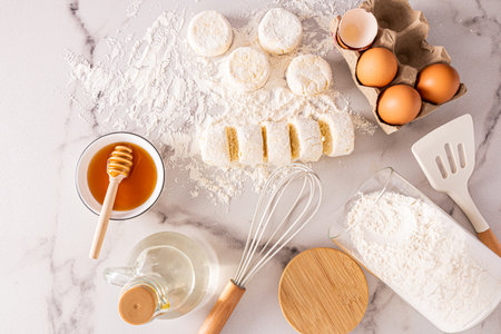 top view of freshly cooked cheesecakes and ingredients for cooking. eggs, honey, butter in a bottle. delicious breakfast.の写真素材
