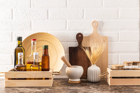 A modern food storage area in the kitchen made of environmentally friendly materials. Front view of the kitchen countertop. Eco style of the houseの写真素材