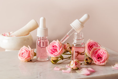 An open bottle with rose oil, a bottle with a cosmetic product based on the extract of rose petals and a mortar with a pestle on a pastel backgroundの写真素材