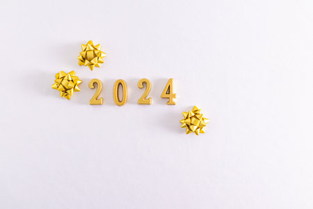 2024 Happy New Year. Realistic Golden metal number gold metallic sign. Celebrate party 2024. Christmas Poster, banner, cover card, layout designの写真素材