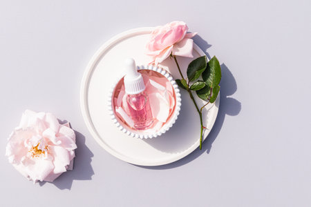 A transparent bottle with a white lid and a dropper with a cosmetic pink product, oil, serum lies in a relief white bowl among rose petals. self careの写真素材