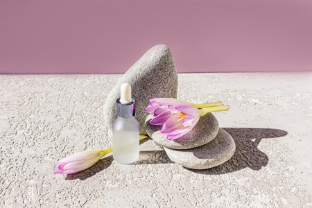 A white matte bottle with a pipette with a natural cosmetic product on gray oval stones and crocus flowers. A blank layout for the brand. packagingの写真素材