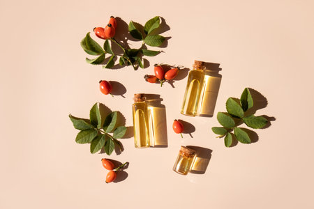 Three bottles with a stopper with natural cosmetic oil of rosehip seeds among the berries and leaves of the plant. Top view. Flat layの写真素材