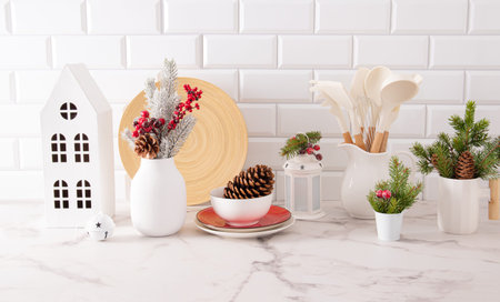 Beautiful stylish New Year kitchen background in traditional colors of New Year and Christmas....