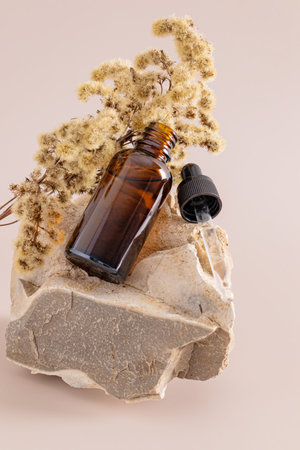 An open bottle of the cosmetic product and a pipette filled with it lies on a large natural beige stone with a dry branch of a plant. Anti aging careの写真素材