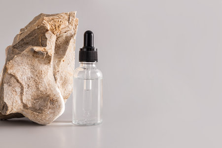 A serum for the care of dry skin of the face in a transparent bottle with a dropper on a gray background near a natural stone. mock-up A copy spaceの写真素材