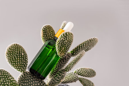 A natural cosmetic product in an green glass bottle with a pipette stands on the leaves of a green cactus. concept of organic eco care. Front viewの写真素材