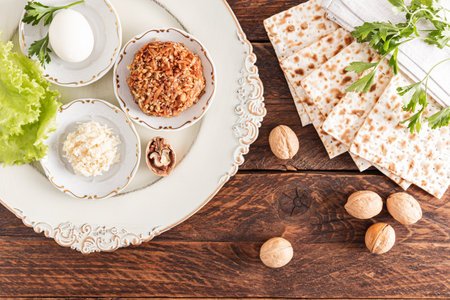 A beautiful dish with festive food for the Jewish Passover holiday. matzoth, nuts, lettuce, parsley, fruit paste. Top viewの写真素材