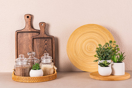 Set of glass jars with spices on a round wicker tray on a stone countertop. Potted houseplants....
