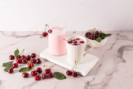 A glass jug and a ceramic mug of freshly made cherry smoothie sit on a wooden stand on a marble table. detox, dietの写真素材