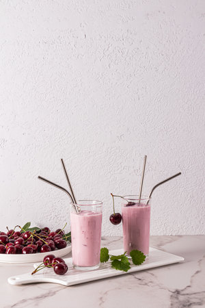 Two tall glass glasses with a cherry smoothie on a ceramic tray and a bowl filled with cherries. marble table Delicious dessert. Front Vertical View.の写真素材