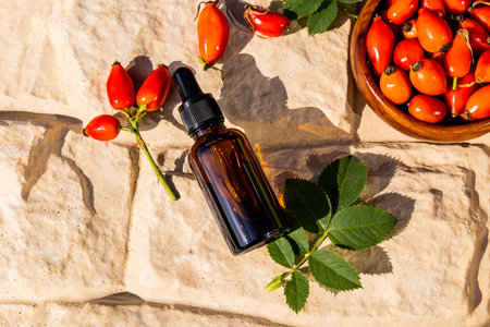 Cosmetic dropper bottle with natural organic rosehip oil on a stone background with fresh rosehip berries. self-care. top view. A blank bottle mockupの写真素材