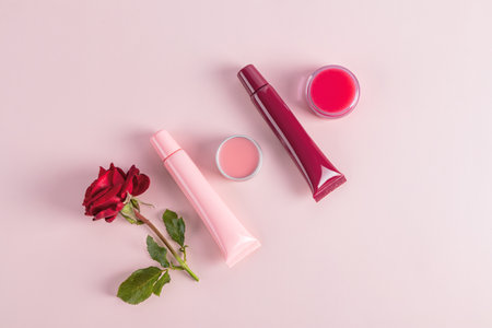 Top view of a set of cosmetics in tubes and lip care jars. cream, balm, lip gloss flat layout. Delicate floral fragrance. pink backgroundの写真素材