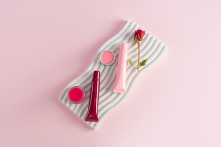 A set of cosmetic packaging with several types of balm, lip gloss. top view. pink background. Natural care. Care and beauty conceptの写真素材