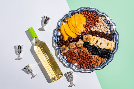 A large silver tray with traditional Tu be Shvat treats and a bottle of wine with silver glasses on a light background. top view.の写真素材