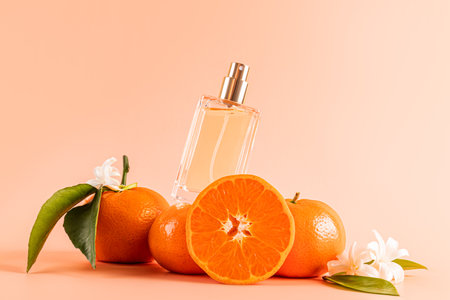 transparent bottle of cosmetic spray, perfume, lotion with the smell of citrus stands on juicy tangerine fruits with leaves and flowers. Front viewの写真素材